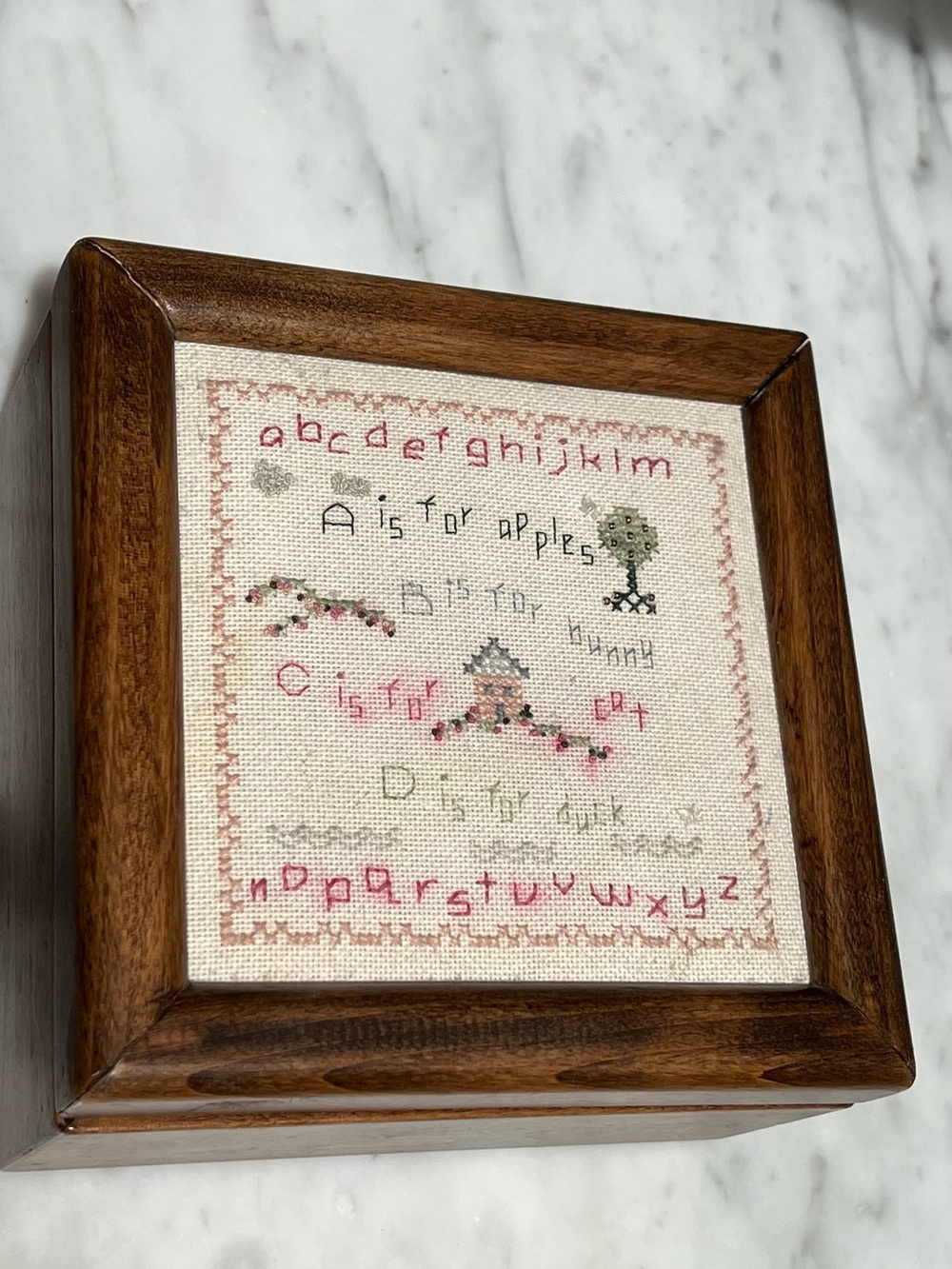 Vintage George C Brown Cedar Box Primitive Alphabet Cross Stitch Sampler - 1997